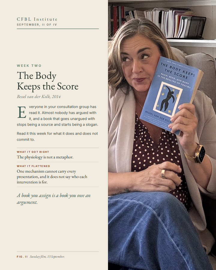 CFBL Institute card, week two. Dr. Niki Serravalle holding Bessel van der Kolk's The Body Keeps the Score, beside a note on what the book got right and what it flattened.