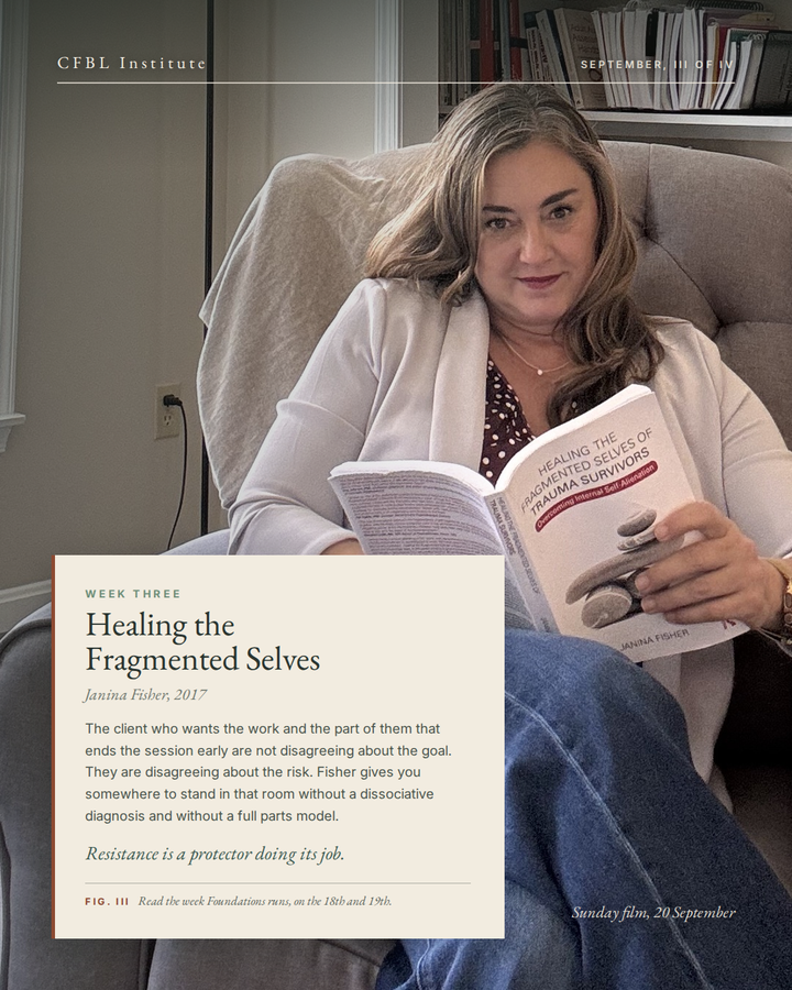 CFBL Institute card, week three. Dr. Niki Serravalle reading Janina Fisher's Healing the Fragmented Selves of Trauma Survivors, with the line that resistance is a protector doing its job.