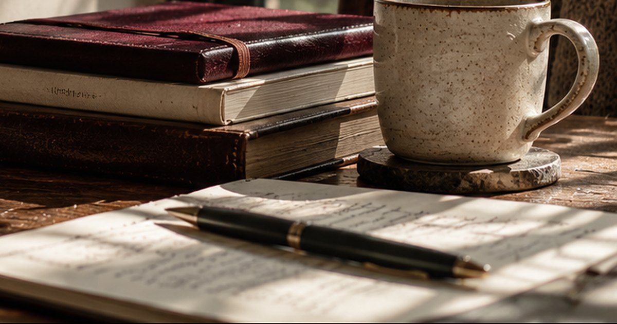 A stack of books, a speckled ceramic mug, and a pen resting on handwritten notes on a sunlit wooden desk.