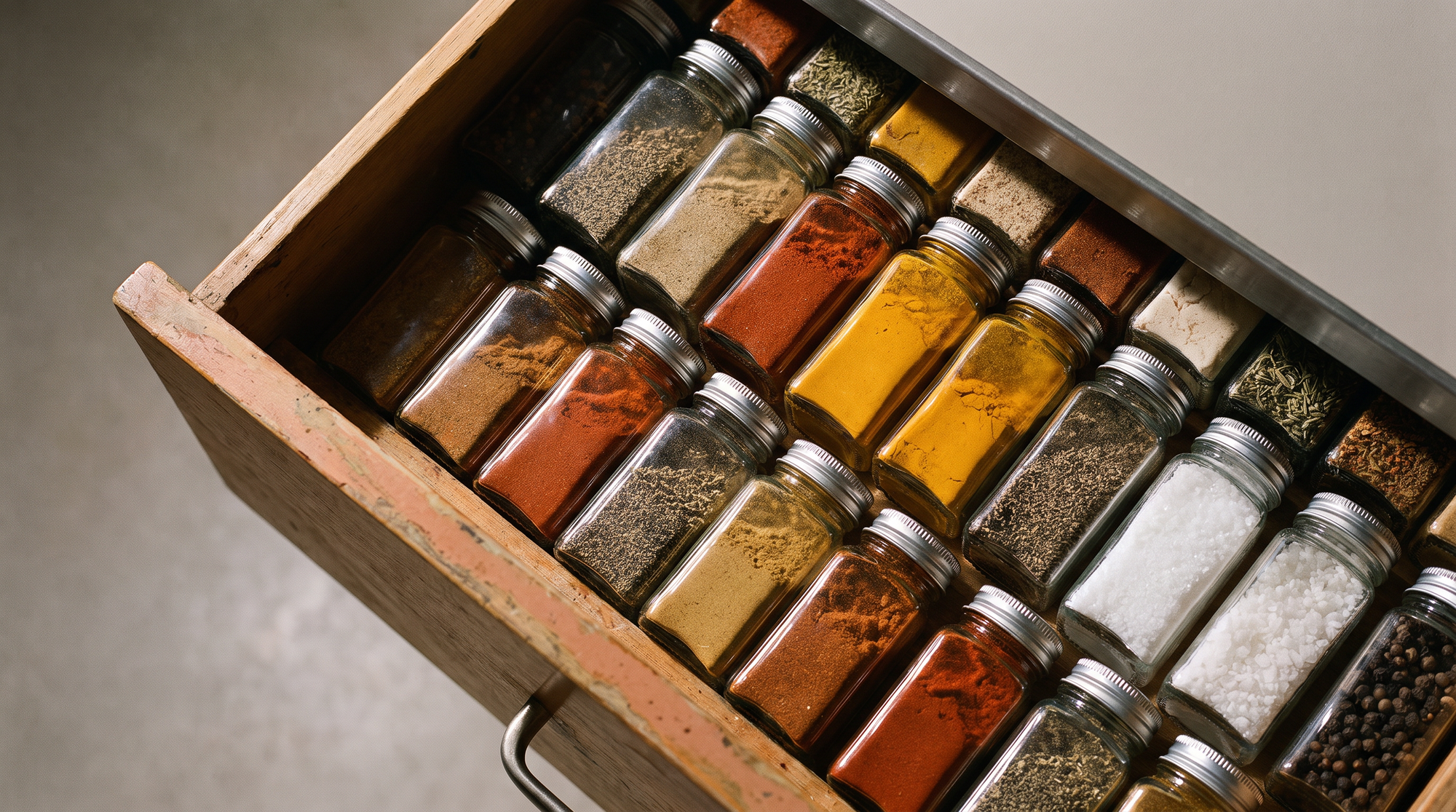 An open wooden kitchen drawer of glass spice jars arranged in precise even rows, lit by warm morning light