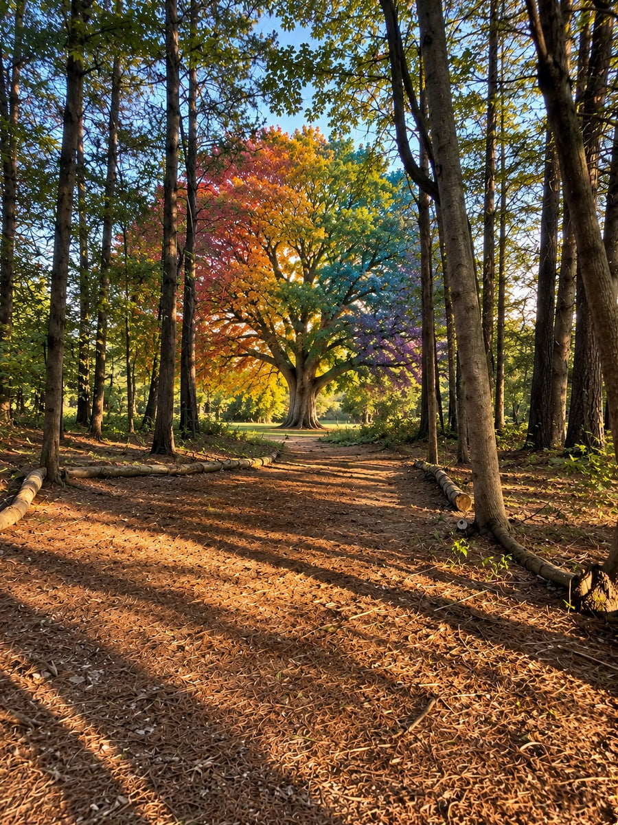 The meditation path at Center for Balanced Living leading to a rainbow tree