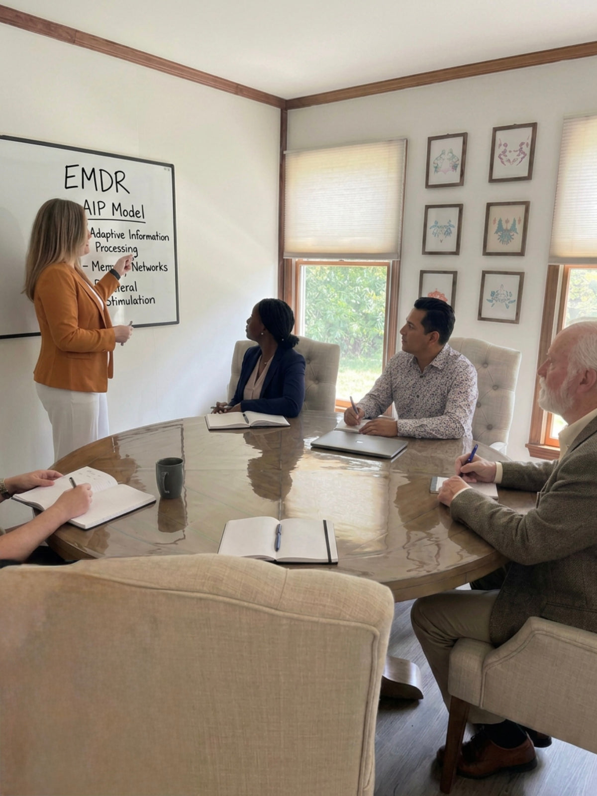Dr. Niki Serravalle teaching the EMDR Adaptive Information Processing model to clinicians around the conference table