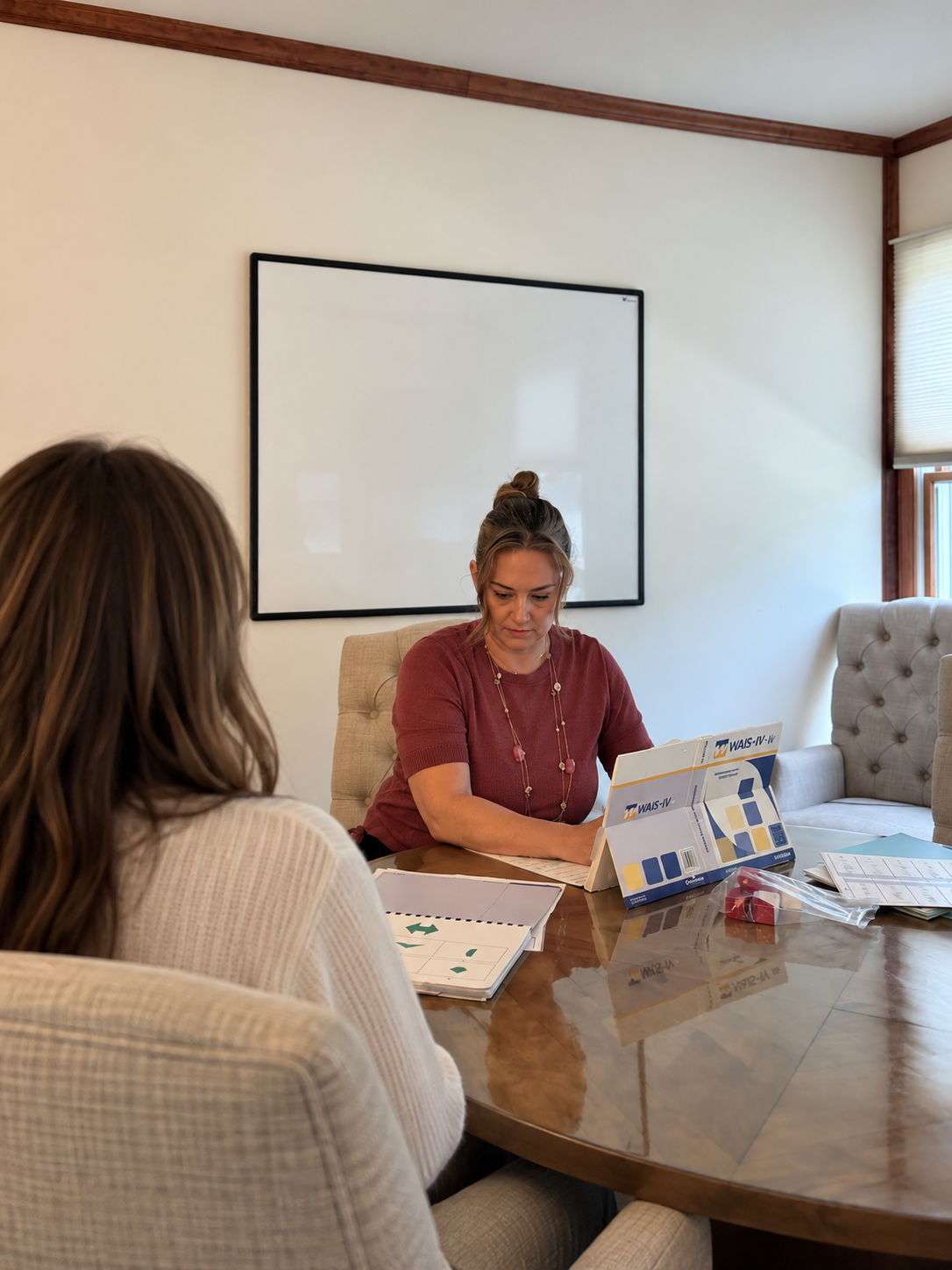 Dr. Niki Serravalle at the conference table in the Townsend testing room