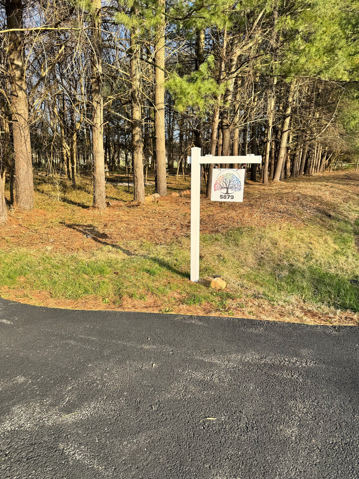 White post sign with the rainbow tree logo and the number 5879 at the driveway entrance, with pine trees behind