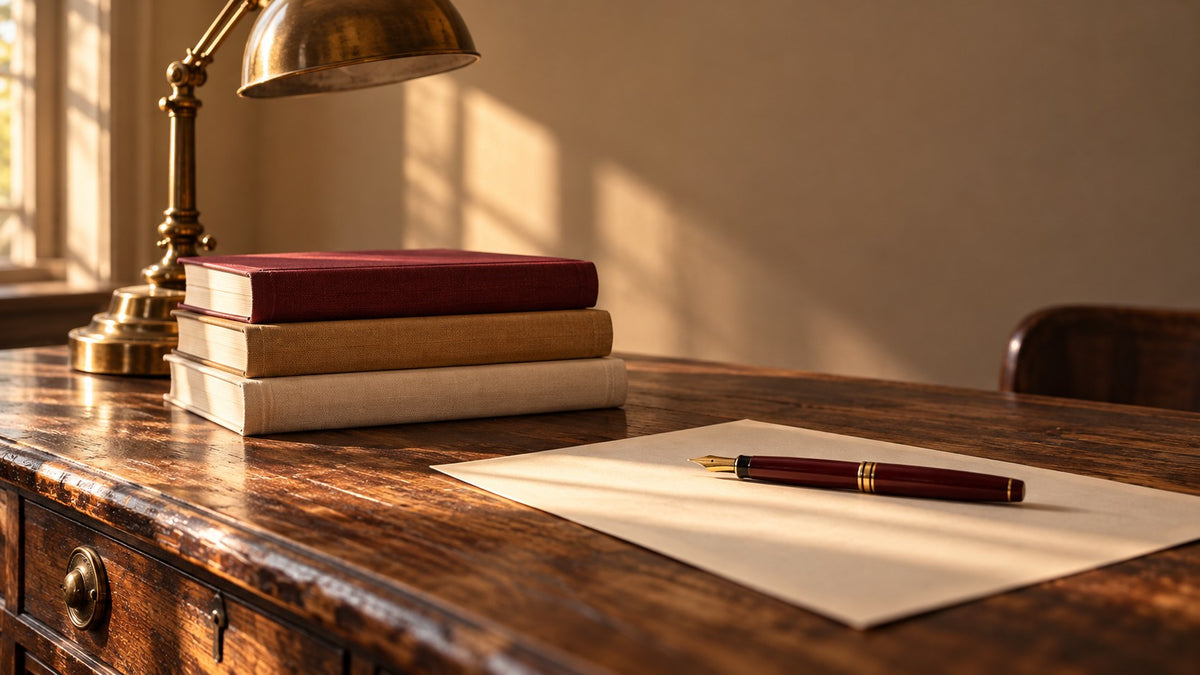 A walnut writing desk with three cloth-bound books, a blank sheet of paper and a fountain pen in late afternoon light