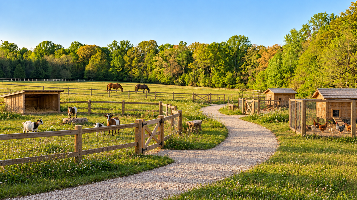 Concept rendering of the field with goats, horses, chickens, and a gravel path