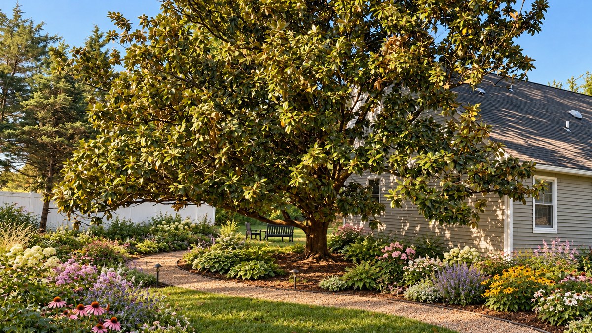 Concept rendering of flower beds and a gravel path beneath the magnolia