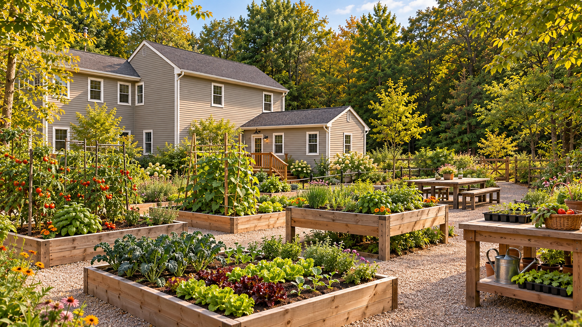 Concept rendering of raised garden beds, a potting bench, and a long shared table